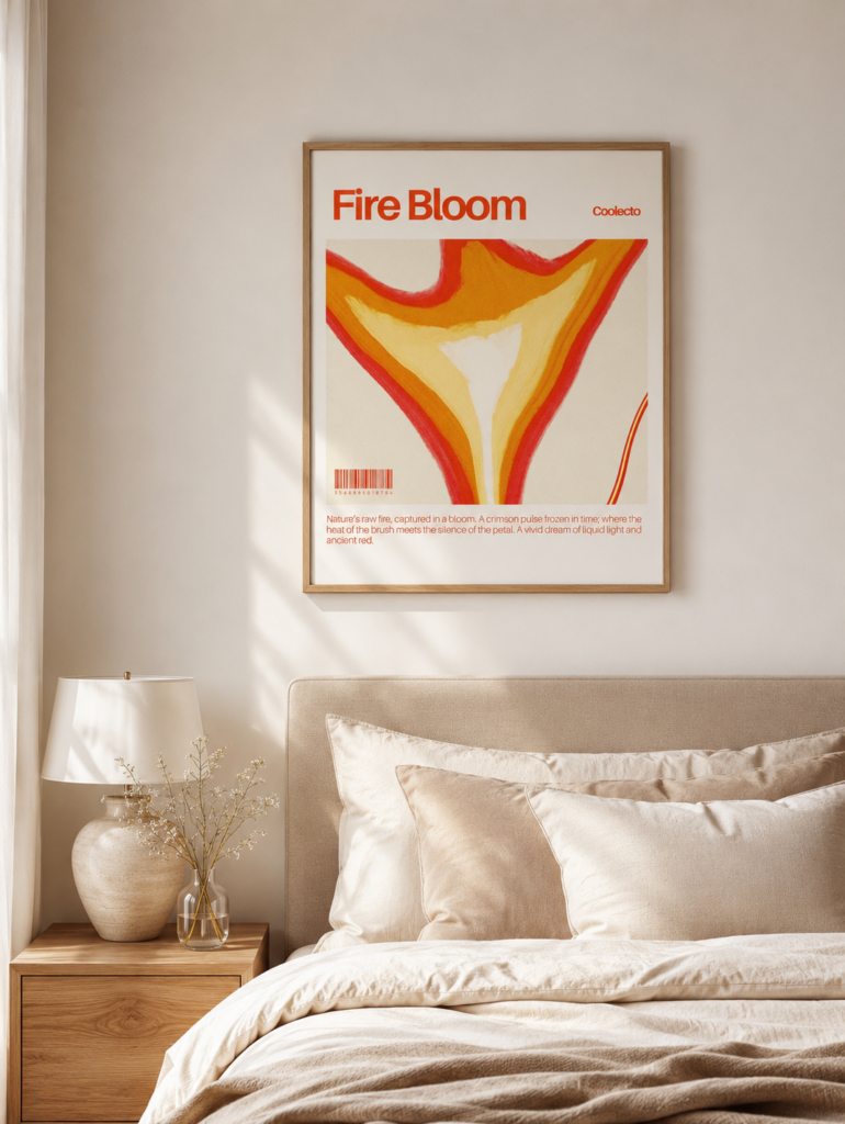 Large framed abstract poster above a modern bed with neutral bedding and warm natural daylight.