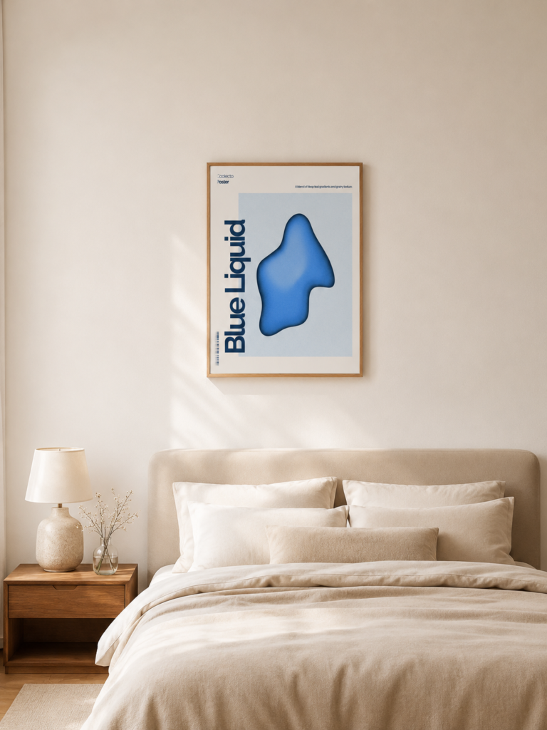 Minimalist bedroom featuring a framed abstract poster surrounded by generous negative wall space.