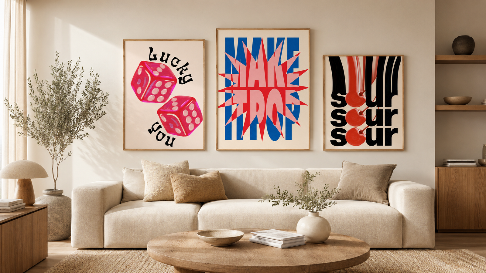 Three framed Coolecto posters arranged as a balanced gallery wall above a neutral sofa