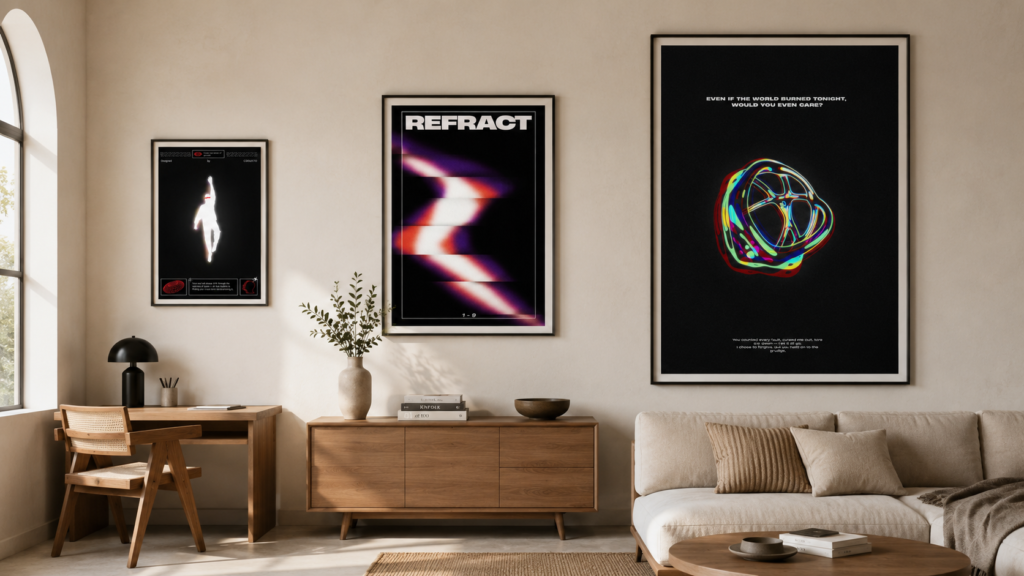 Modern interior showing three Coolecto posters in small, medium, and large sizes to compare wall art proportions.