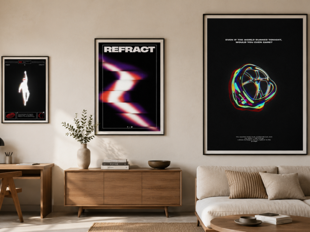 Modern interior showing three Coolecto posters in small, medium, and large sizes to compare wall art proportions.