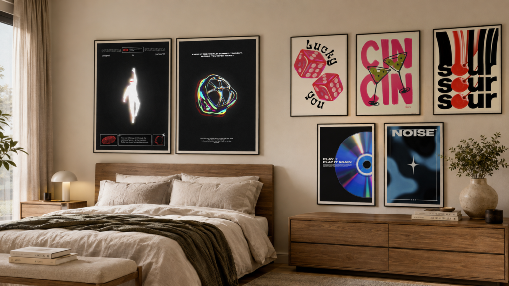 Modern bedroom featuring seven framed Coolecto posters in different styles, including abstract, graphic, playful, and dark wall art.