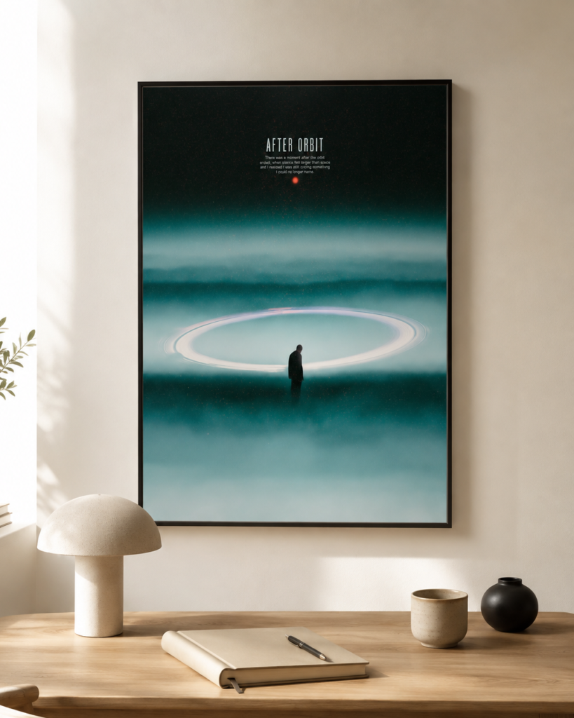 After Orbit poster with a lone dark human figure surrounded by a luminous orbital ring in a misty teal atmospheric scene.