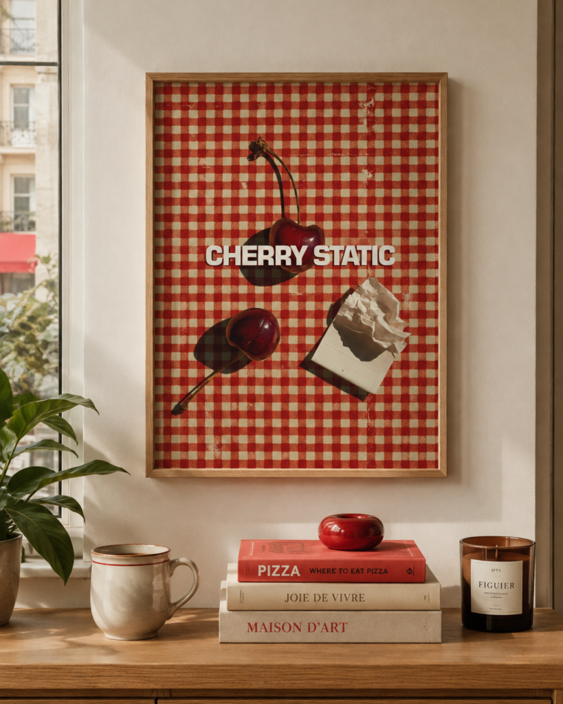Cherry Static poster with two red cherries, a crumpled paper detail and bold white text over a red and cream checkerboard.