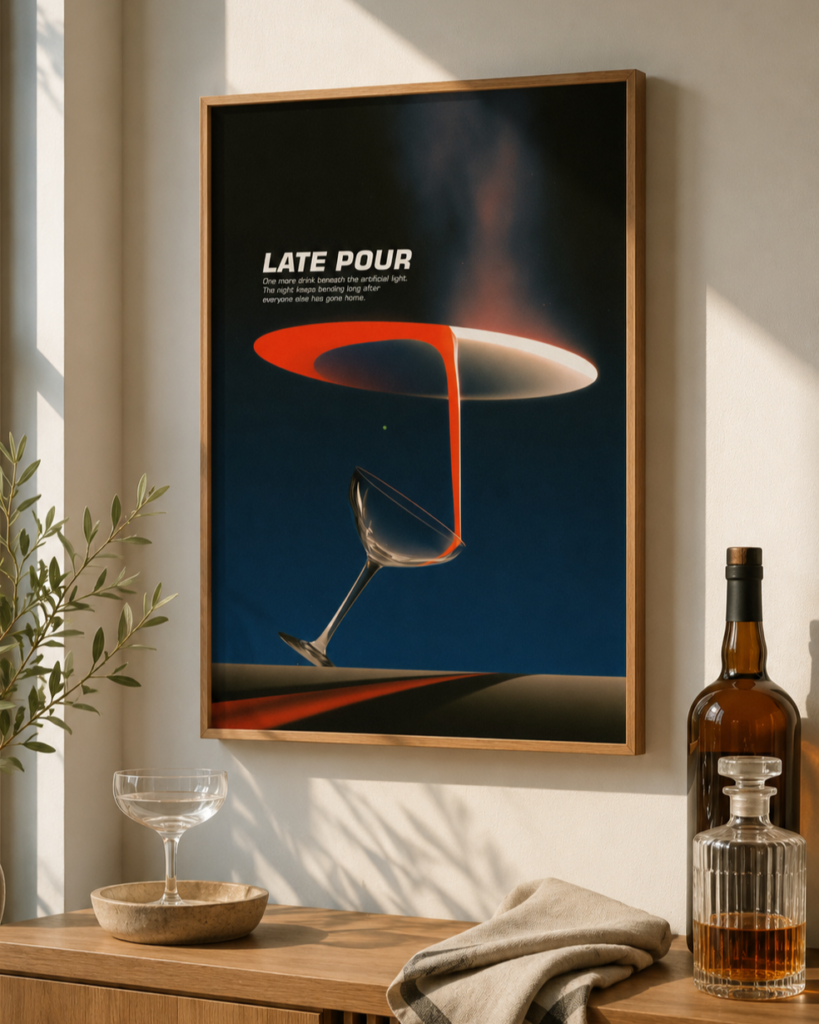 Late Pour cocktail poster with a tilted glass, glowing red-orange liquid pour and elliptical light ring on a deep blue background.