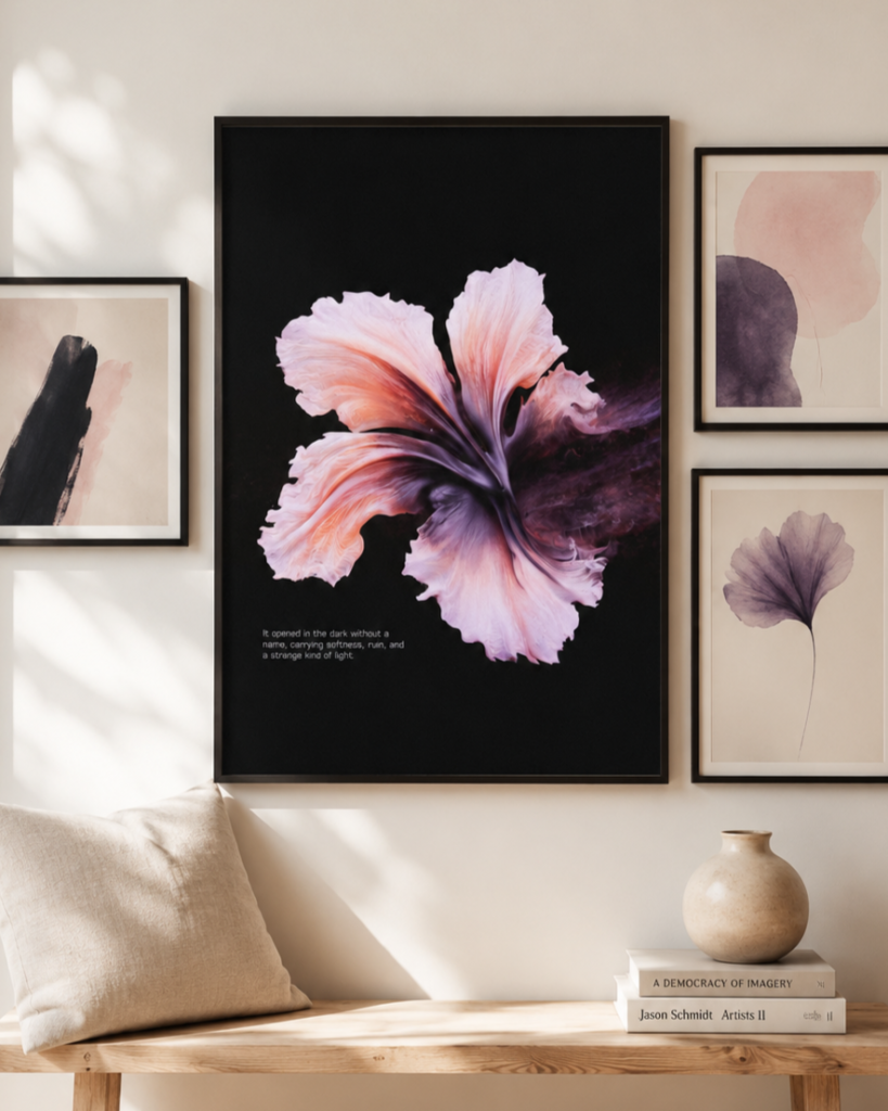 Unknown Bloom poster with a pale organic flower-like form and smoky violet movement emerging from a deep black background.