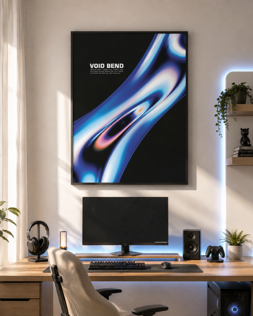 Void Bend abstract poster with a fluid cyan and cobalt light form on a black background with white typography.