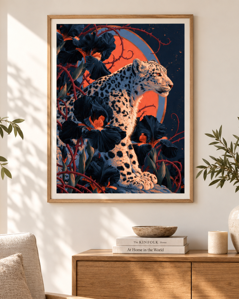 Silent Prowl – Snow Leopard Botanical Wall Art
